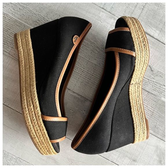 Tory Burch | Black Majorca Peep Toe Canvas Wedge | 9 - Picture 2 of 15